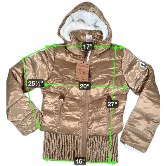 Quilted Gold Puff Jacket W/Hood Womens L True Religion Down & Feather Fill - Picture 2 of 16